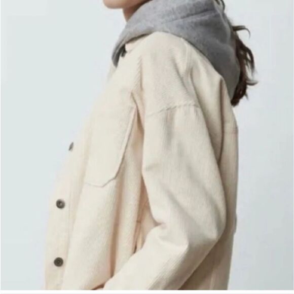Zara Corduroy Shacket Jacket Cropped Oversized Cotton Cream Large Fringed Hem - Picture 2 of 8